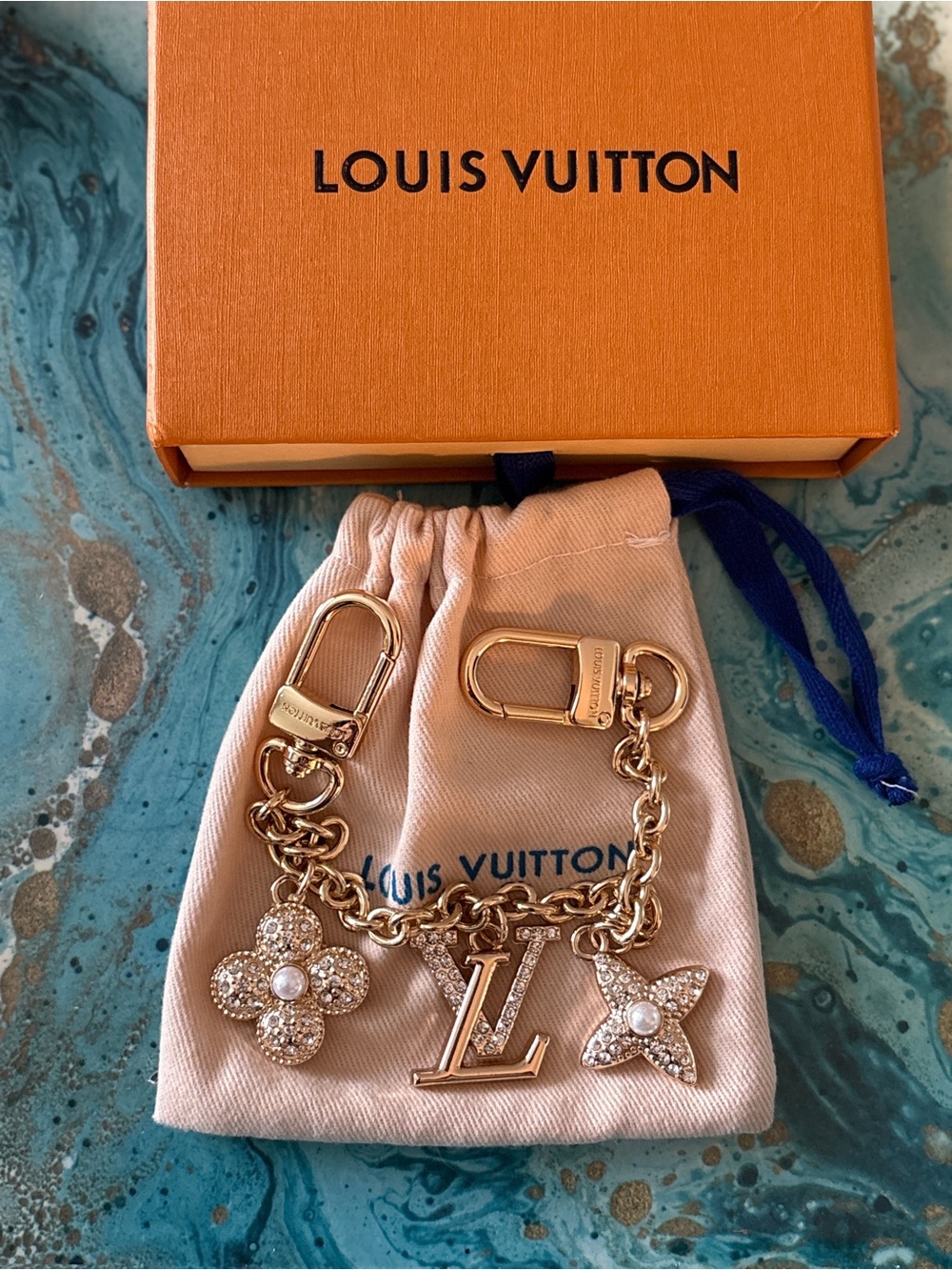 Louis Vuitton Gold-Tone Chain Charm Key Clip with Crystal Accents